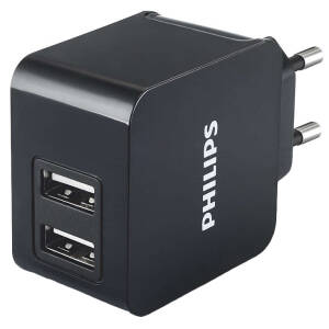 Incarcator retea Philips Ultrarapid, 2xUSB, 3.1A, Cablu Lightning inclus, Negru