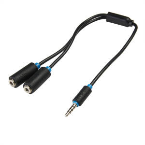 Cablu adaptor audio Serioux, jack 3.5mm 4 pini tata - 2 porturi jack 3.5mm mama, 30cm, negru