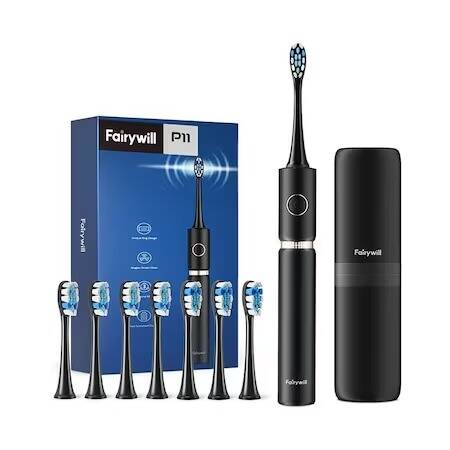 Periuta de dinti sonica FairyWill FW-P11, Cutie de transport/8 capete incluse, 3 programe, Negru