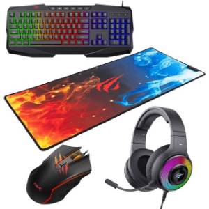 Kit gaming Havit RGB cu Tastatura, Mouse, Casti cu microfon, Mousepad