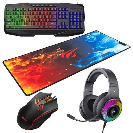 Kit gaming Havit RGB cu Tastatura, Mouse, Casti cu microfon, Mousepad