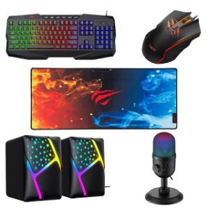 Kit Gaming Havit RGB cu Tastatura, Mouse, Boxe, Microfon, Mousepad