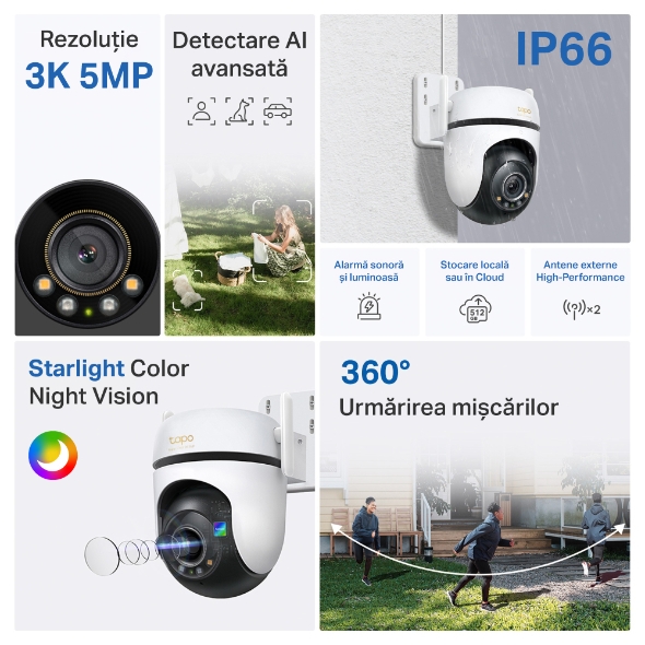 Camera de Supraveghere Smart WiFi TP-Link Tapo C530WS Outdoor, Pan/Tilt 360°, 5MP, 3K 2880x1620, Color Night Vision, AI, IP66, WiFi/LAN